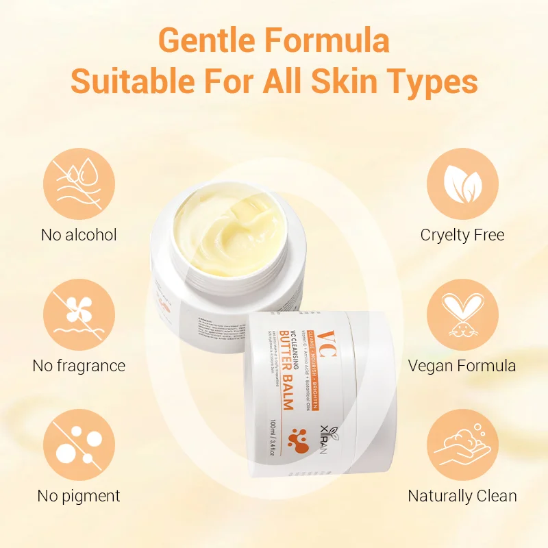 VC butter balm in jar with text highlighting its qualities, including gentle formula, cruelty-free, vegan, no alcohol, fragrance, or pigments.